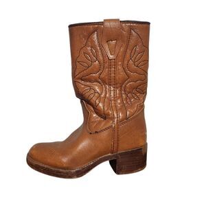 Vintage Dyna Kids Cowboy Boots Size 11 Brown Faux Leather Western Pull On Brown
